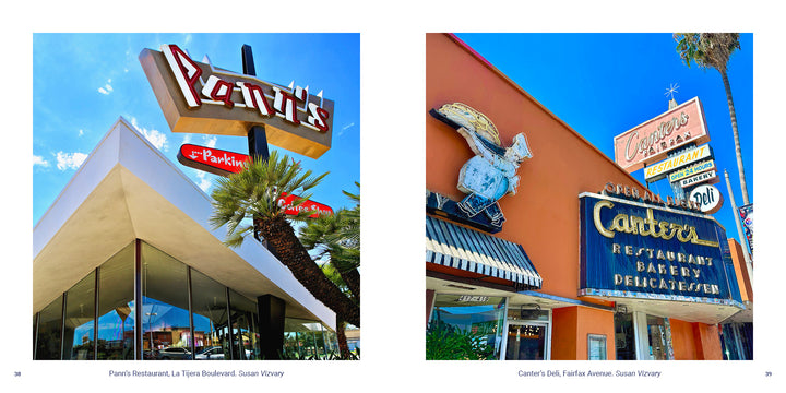 Two photographs from Los Angeles capturing the mid-century modern signage of iconic landmarks, Panns Restaurant and Canter’s Deli.