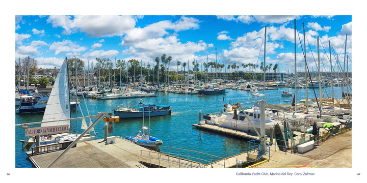Sailboats and motorboats fill a marina under a blue sky, with a California Yacht Club sign in the foreground, featured in the Los Angeles photo book by Schiffer Publishing, Ltd.