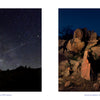 A side-by-side view from Texas Hill Country showing a star-filled night sky on the left and large boulders with prickly pear cacti at Inks Lake State Park on the right.