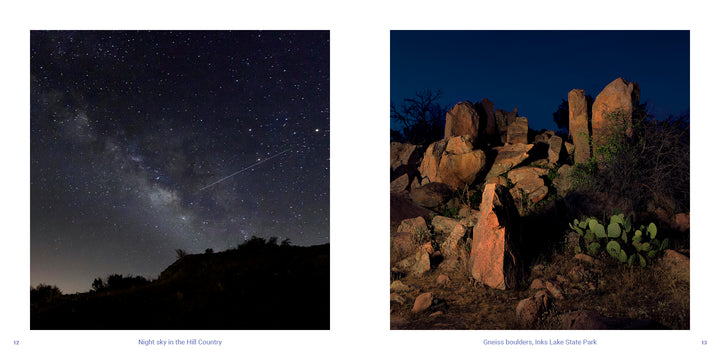 A side-by-side view from Texas Hill Country showing a star-filled night sky on the left and large boulders with prickly pear cacti at Inks Lake State Park on the right.
