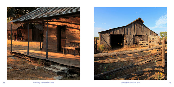 A side-by-side view of a Texas Hill Country scenic wooden cabin with a front porch and a wooden barn enclosed by a split-rail fence.