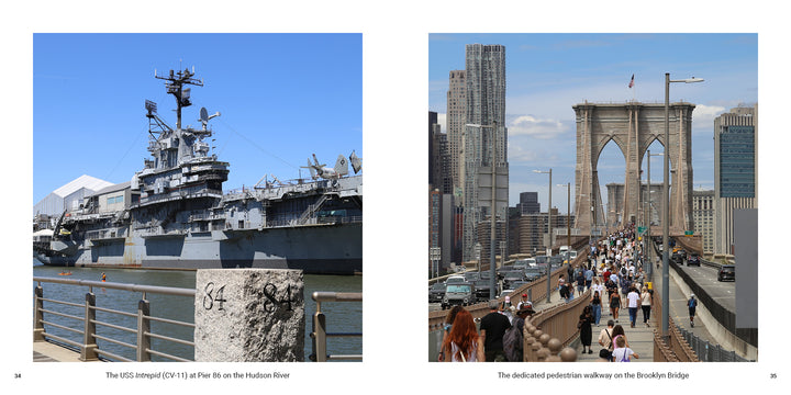 A split-view New York City souvenir photo book image showing an aircraft carrier docked at a pier beside pedestrians on the Brooklyn Bridge, with iconic NYC landmarks and skyscrapers in the background.