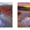 Two photographs of the volcanic landscape in the Schiffer Publishing, Ltd. Iceland book, showing a rocky, cracked earth terrain and geothermal mud pools under a sunset sky, capturing the raw essence of Iceland volcanoes.