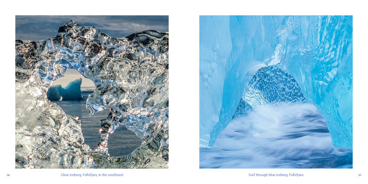 Two side-by-side photos in Schiffer Publishing, Ltd. Iceland: a clear, textured iceberg with a hollow center revealing the ocean, and a blue ice arch over crashing surf at Fellsfjara.