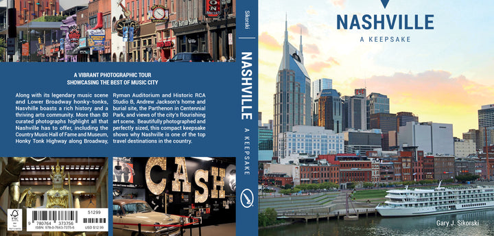 Nashville book cover featuring a panoramic view of the skyline, Cumberland River, and a riverboat, with back cover text on music history and a collage of Broadway, the Johnny Cash Museum, and the Parthenon.