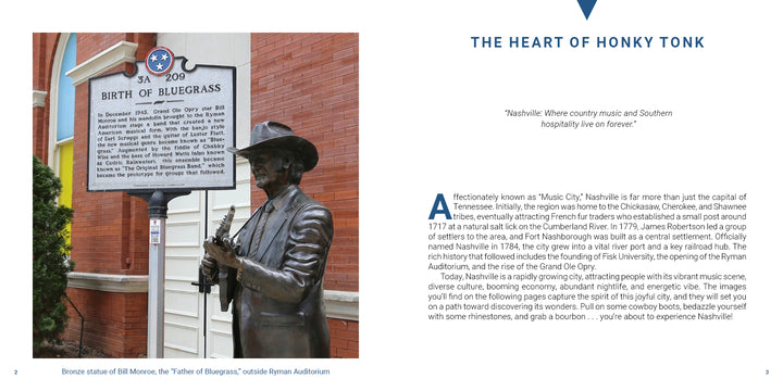 Bronze statue of Bill Monroe standing by the Birth of Bluegrass historical marker near the Ryman Auditorium, a scene from the Nashville travel guide.