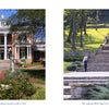 A Nashville side-by-side travel souvenir view of the historic Belmont Mansion with a tiered fountain in the foreground and the stone Allee Steps leading up a hill in a park.