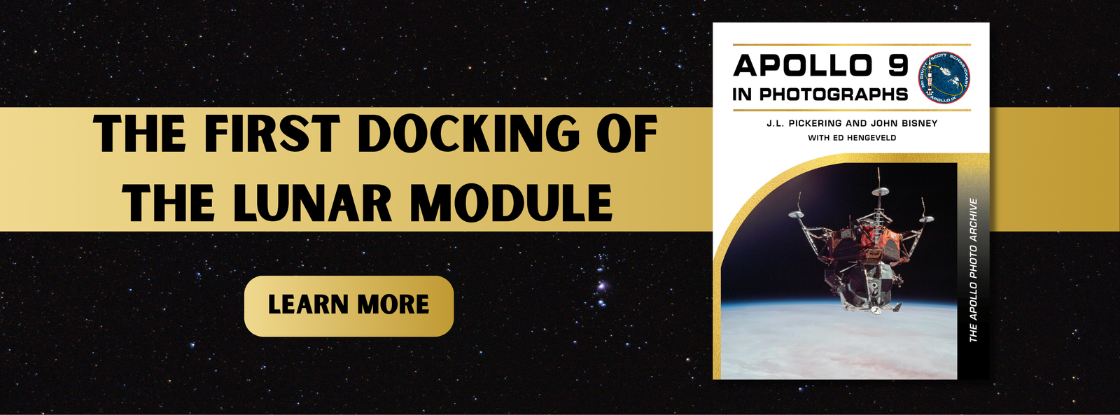 Promotional graphic for a book titled 'APOLLO 9 IN PHOTOGRAPHS' with the subtitle 'THE FIRST DOCKING OF THE LUNAR MODULE'