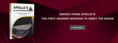 Book cover of Apollo 8 in Photographs featuring a moon surface image, next to text: Images from Apollo 8: The first manned mission to orbit the moon with a Learn More button, set against a dark red geometric background.