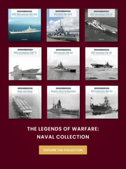 A grid of nine black-and-white photos of historic naval ships, titled “The Legends of Warfare: Naval Collection,” with a button below labeled “Explore the Collection” on a burgundy background.