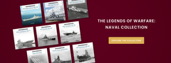 Eight book covers featuring naval warships are displayed on a maroon background with the text “THE LEGENDS OF WARFARE: NAVAL COLLECTION” and a gold button labeled “EXPLORE THE COLLECTION.”.