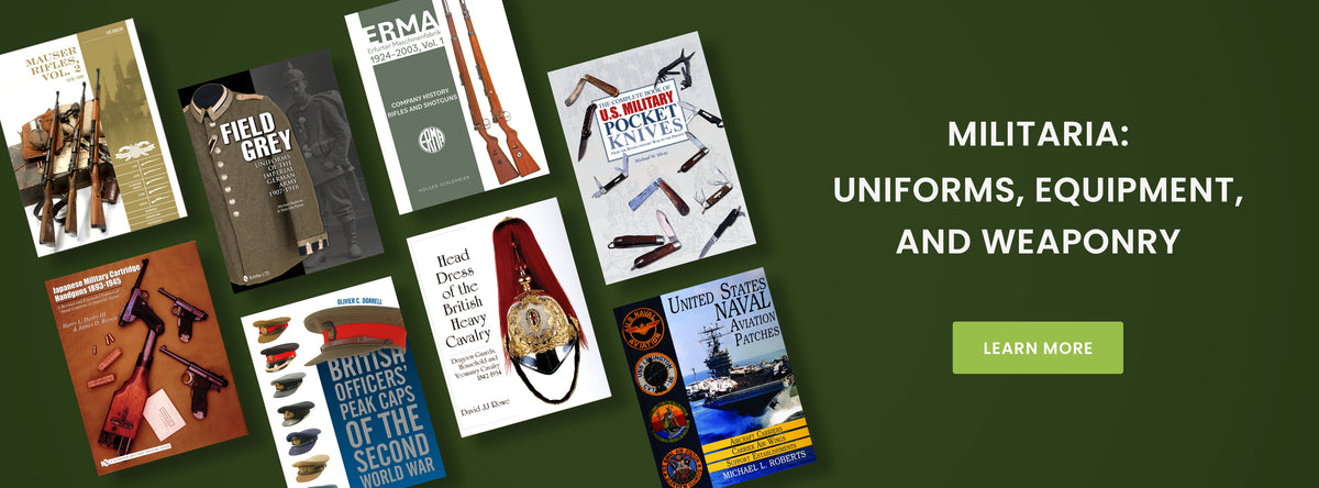 A collection of eight books about military uniforms, equipment, and weaponry, displayed next to the text Militaria: Uniforms, Equipment, and Weaponry and a Learn More button.