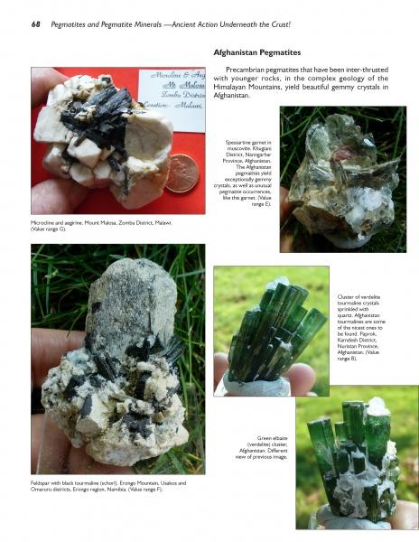A magazine page showcases close-ups of colorful minerals from "Jewels of the Early Earth" by Schiffer Publishing, Ltd., featuring greenstone belts and pegmatites on grass or in hand, with text about Afghan pegmatites.