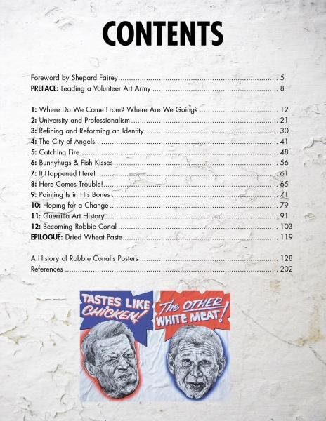 Table of contents page for "Robbie Conal" (Schiffer Publishing, Ltd.) with 13 chapter titles and two illustrated men’s portraits below, styled like Robbie Conal’s political art, featuring slogans: “Tastes Like Chicken” and “The Other White Meat!”.