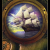 A sailing ship with white sails glides across the sea through a porthole, framed by an old map and compass. At the bottom: "14. Distant Shores." From The Chronicles of Destiny Fortune Cards by Schiffer Publishing, Ltd.