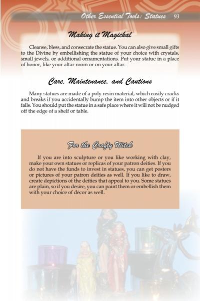 A page from "Sacred Objects, Sacred Space" by Schiffer Publishing, Ltd. guides on using statues as magickal tools, covering topics like making them magical, care, maintenance, cautions, and tips for cleaning and personalizing statues in witchcraft.