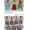 Two photos from "Glass Bells from Around The World" by Schiffer Publishing, Ltd. show three clown bells in green, red, and blue on top, and seven unique mosaic-patterned clown bells with distinct faces on the bottom for collectors.