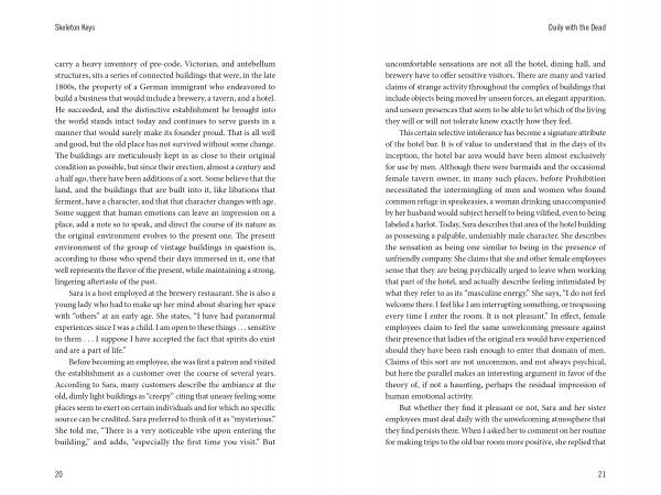 Pages 20 and 21 of "Skeleton Keys" by Schiffer Publishing, Ltd. feature dense, black two-column text on white paper, discussing workplace hauntings and other paranormal stories. There are no images or illustrations.