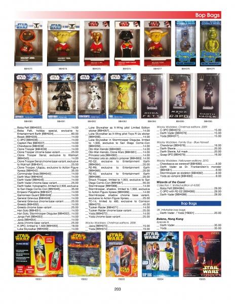 A catalog page of Schiffer Publishing, Ltd.'s Star Wars Toys features Bop Bags and action figures, with detailed descriptions, price guide info, product codes, and vibrant costumes set against colorful backgrounds.