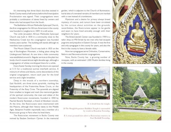 A two-page spread in *Bucks County, Pennsylvania* by Schiffer Publishing, Ltd. describes local religious sites, with images of a golden Buddha statue, temple buildings, and a pyramid-shaped memorial amid trees and grass.