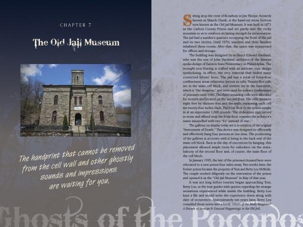 A spread from "Ghosts of the Poconos" by Schiffer Publishing, Ltd. shows Chapter 7: The Old Jail Museum, with a photo of the stone jail and a quote on ghostly sounds, recalling classic Poconos hauntings and intriguing paranormal investigators.
