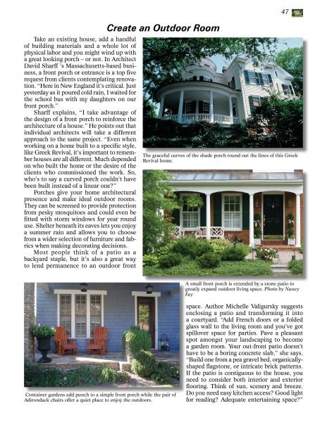 A magazine page titled Creating Curb Appeal by Schiffer Publishing, Ltd. features porch design tips and photos highlighting columns, seating, plants, and shaded areas to showcase front-of-the-home styles and enhance outdoor living spaces.