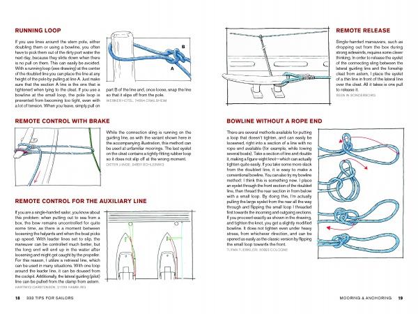 A book spread from "333 Tips for Sailors" by Schiffer Publishing, Ltd. features illustrated boating knots and techniques, including running loop, remote control with brake, sailing tips, remote release, auxiliary line, and bowline without an end.