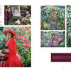 A two-page spread in Renaissance Realm by Schiffer Publishing, Ltd. displays Impressionist- and Pre-Raphaelite-inspired art showing women in vibrant dresses among lush garden flowers, with a cat, dog, or at an easel. Short text and captions accompany the images.