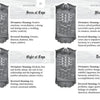 Four cards from the Suit of Cups in the Shakespearean Tarot by Schiffer Publishing, Ltd. feature ornate artwork and meanings for Seven, Eight, Nine, and Ten of Cups, highlighting dreams, modesty, celebration, and family happiness.