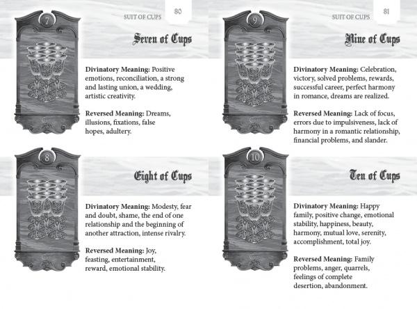 Four cards from the Suit of Cups in the Shakespearean Tarot by Schiffer Publishing, Ltd. feature ornate artwork and meanings for Seven, Eight, Nine, and Ten of Cups, highlighting dreams, modesty, celebration, and family happiness.