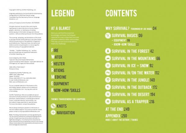 The Global Outdoor Survival Guide by Schiffer Publishing, Ltd. features a table of contents on a green background with sections such as fire, shelter, rations, and wilderness skills, plus a legend, key topics, chapter titles, and page numbers.