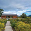 Inspired by "Regional Landscape Architecture: Northern California" from Schiffer Publishing, Ltd., a wooden house with a metal roof sits at the end of a stone path, surrounded by lush flowers and gardens with mountains in the background.