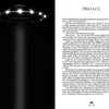 The image is split in half: the left shows a dark sky with a glowing UFO beaming light—a nod to UFO sightings—while the right displays the PREFACE page from "UFOs Over America" by Schiffer Publishing, Ltd.