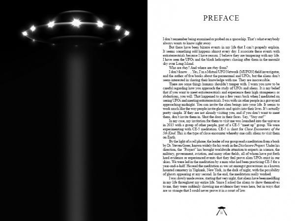 The image is split in half: the left shows a dark sky with a glowing UFO beaming light—a nod to UFO sightings—while the right displays the PREFACE page from "UFOs Over America" by Schiffer Publishing, Ltd.