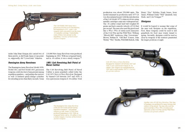A catalog page presents "Sitting Bull, Crazy Horse, Gold and Guns" by Schiffer Publishing, Ltd., featuring four antique revolvers with descriptions and photos, linked to the Great Sioux War and Yellowstone Wagon Road Prospecting Expedition.