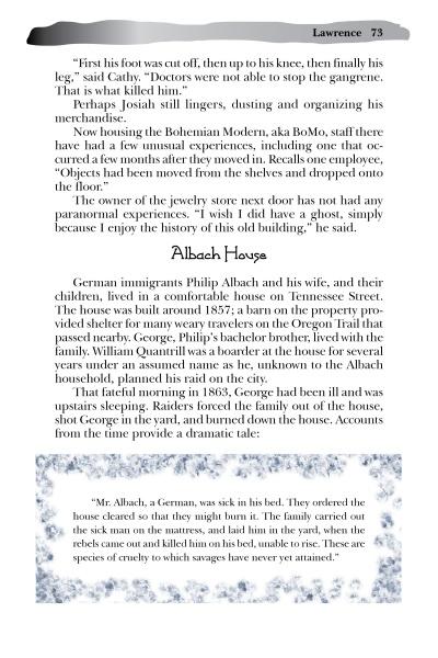A page from "Ghosts of Kansas" by Schiffer Publishing, Ltd. shares historical stories of German immigrant Philip Allbach and his family at the haunted Allbach House, exploring Kansas ghosts and mysterious events linked to this site.