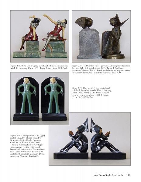 A catalog page features four pairs of Art Deco-style Bookends by Schiffer Publishing, Ltd., with designs such as dancing women, stylized faces with fans, suited standing figures, and pairs facing opposite ways on rectangular bases.
