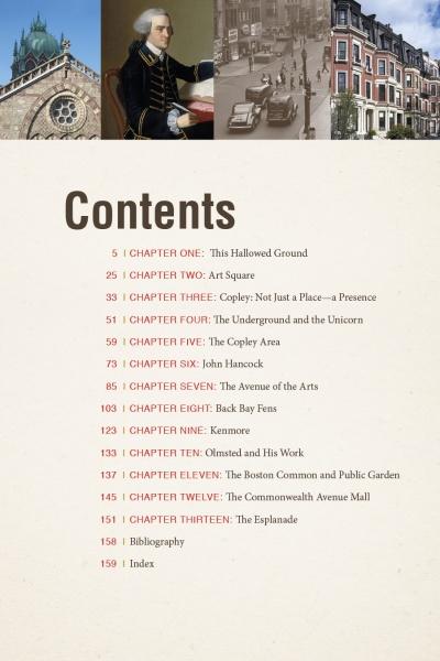 The table of contents page for Building Boston by Schiffer Publishing, Ltd. features a collage of a church, a historical painting, and city buildings above chapters on Boston landmarks, like Copley Square and the Boston Marathon tour, with red page numbers.