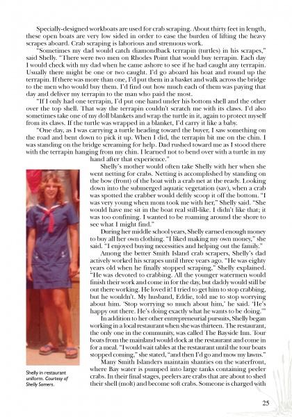 A woman in a red dress stands by a sign outside a restaurant. The background is a scanned page featuring text and a caption: “Shelly in restaurant uniform. Courtesy of Shelly Romer, Chesapeake Women, Schiffer Publishing, Ltd.”.