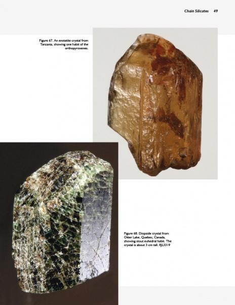 The Collector's Guide to Silicate Crystal Structures by Schiffer Publishing, Ltd. showcases an elongated brown silicate crystal and a green striated crystal with shiny reflections, both displayed on a plain white background with captions.