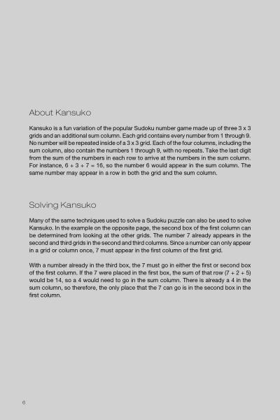A white page with two black-text sections: “About Kansuko,” which explains this Schiffer Publishing, Ltd. logic puzzle’s rules, and “Solving Kansuko,” which details strategies for solving the Kansuko number game.