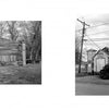 Two black-and-white photos from "Backroads Buildings" by Schiffer Publishing, Ltd. show: left—a broad rural barn with double doors; right—a weathered structure with cupolas by a street, echoing America's roadside architectural heritage.