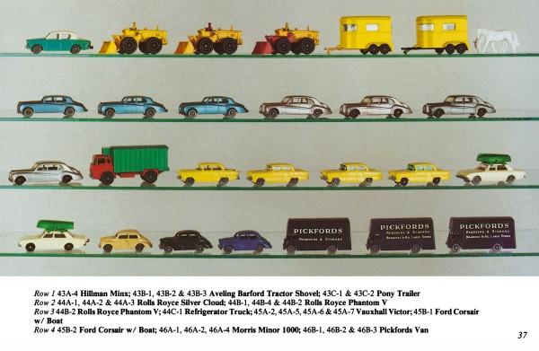 A display of Lesney’s Matchbox Toys from Schiffer Publishing, Ltd., arranged on four glass shelves, featuring colorful cars, trucks, trailers, a tractor, a boat, and Pickfords vans for collectors to admire.