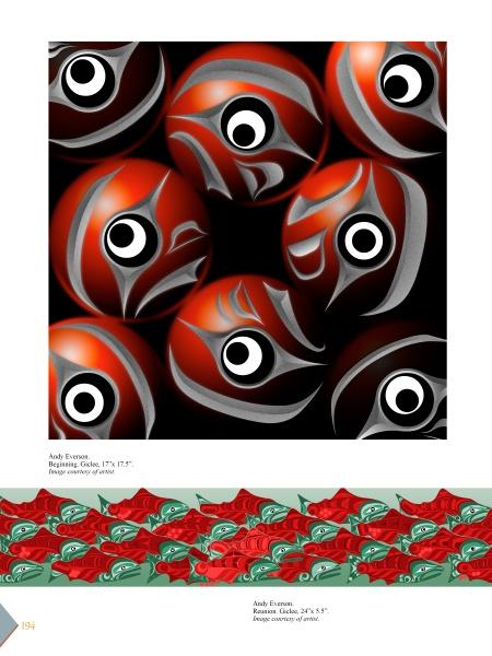Contemporary Art on the Northwest Coast" by Schiffer Publishing, Ltd. features digital artwork inspired by Northwest Coast native art, with bold red fish forms and contemporary stylization reflecting Native American artist influences.