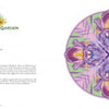 A book spread from Nature Mandalas Wonders of the Garden by Schiffer Publishing, Ltd. features yellow flowers and iris text on the left, with a purple iris mandala on lavender on the right.