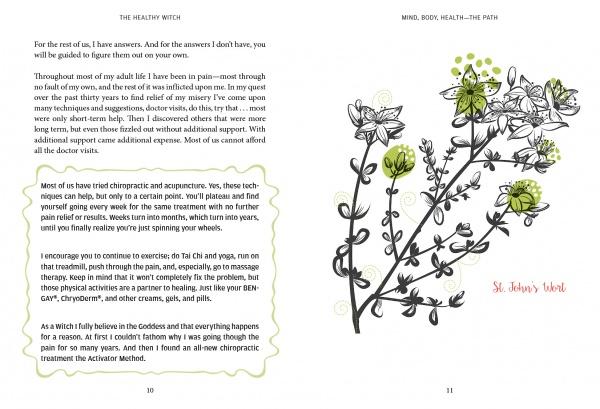 A spread in The Healthy Witch by Schiffer Publishing, Ltd. shows magikal healing text on the left page and a St. Johns Wort illustration—with white flowers, green accents, and handwritten plant name—on the right in this holistic witchy workbook.