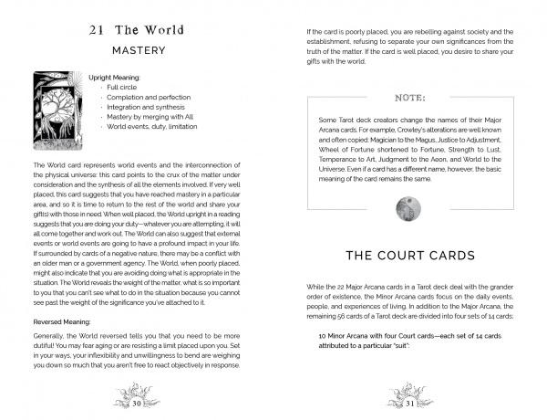 A spread in Intuitive Wisdom by Schiffer Publishing, Ltd. explores The World tarot card's meanings and court cards. Decorative symbols and gray borders enhance the clean design for intuitive Tarot fans.