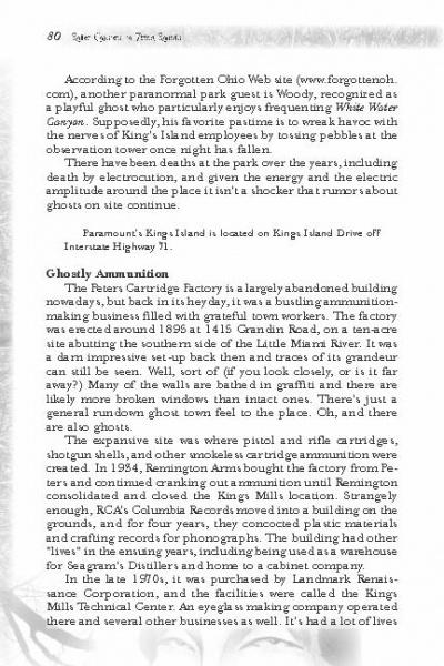 Cincinnati Ghosts by Schiffer Publishing, Ltd. explores paranormal activity at Kings Island near Cincinnati, featuring its haunted history, the Paramount's Kings Island sign off I-71, and eerie tales from the Peters Cartridge Factory.