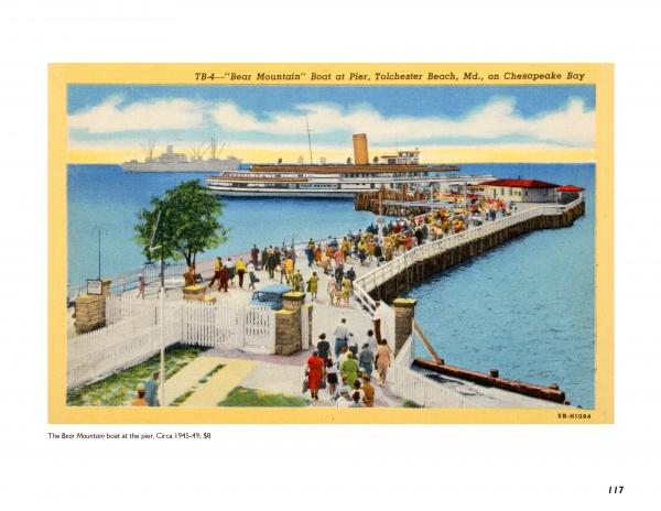 A vintage postcard from "Steamboat Days on the Chesapeake" by Schiffer Publishing, Ltd. shows crowds at Tolchester Beach pier walking toward the Bear Mountain steamboat, with a large ship on Chesapeake Bay beneath a blue sky.