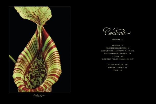 On the left, a vivid close-up of a striped pitcher plant illustrates “The Sinister Beauty of Carnivorous Plants” by Schiffer Publishing, Ltd.; on the right, the Contents page lists chapters like Foreword and Prologue on these fascinating species.